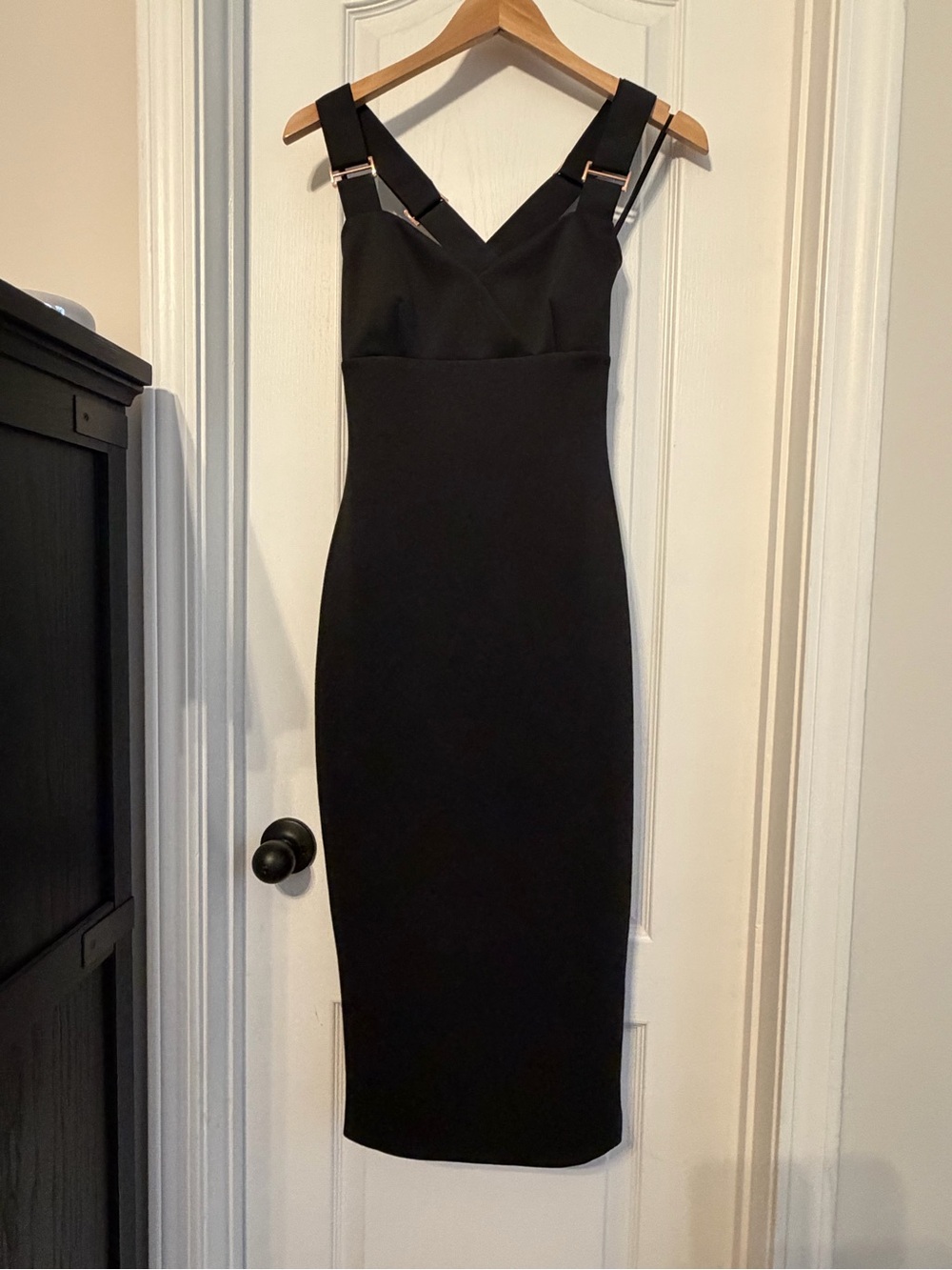 Ted Baker Black Midi Sheath Dress – Rose Gold Hardware & Statement Back